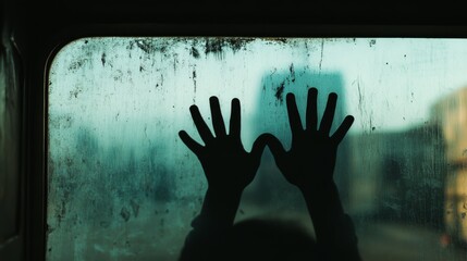 Silhouetted hands press against a foggy window, capturing mystery and intrigue in an urban setting.