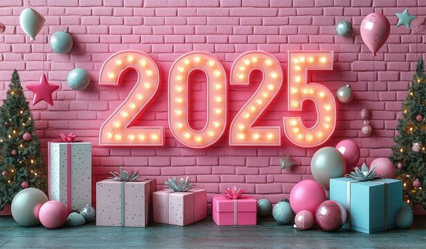 2025 New Year Celebration Background with Neon Lights Gift Box Balloon 3D Illustration