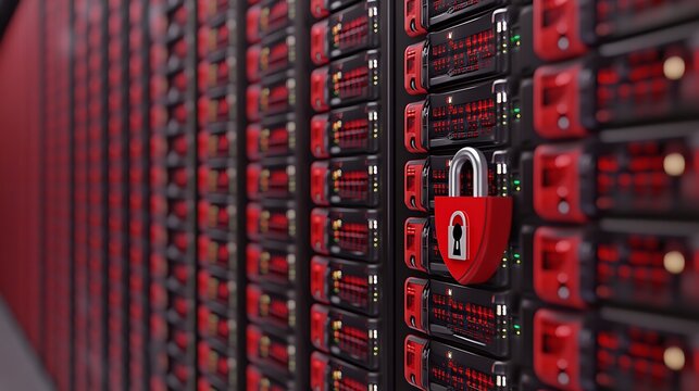 Digital Security Focus on Locked Padlock in Front of Server Rack Highlighting Data Protection and Cybersecurity Measures