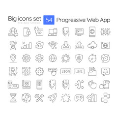 Progressive web app linear icons set. PWA development platform service. Digital technology application. Customizable thin line symbols. Isolated vector outline illustrations. Editable stroke