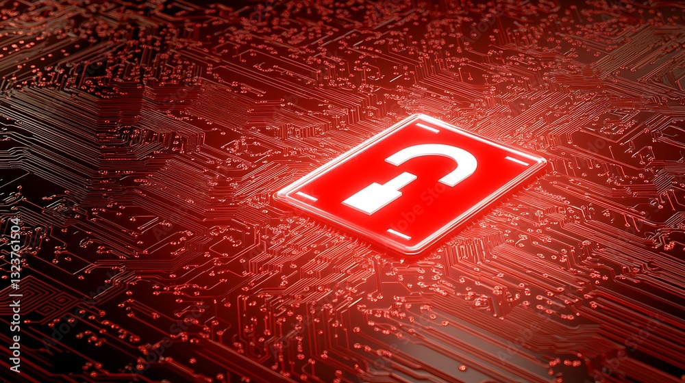 Poster digital technology background with red unlocked icon representing cyber security concept and data pr