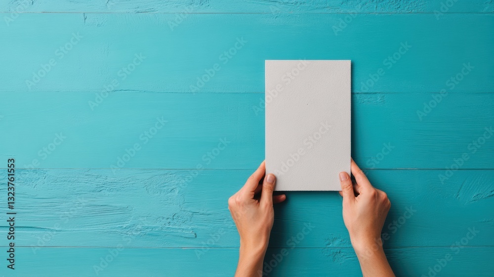 Poster minimalist design mockup hands presenting blank paper against vibrant teal backdrop - creative works