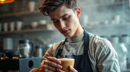 Young barista with apron in rustic coffee shop posing for portrait