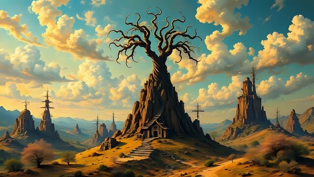 A Majestic Old Tree Standing Proudly at the Grand Canyon During Sunset, Its Gnarled Branches Framing the Vibrant Sky as the Warm Hues of the Setting Sun Cast a Glowing Light Over the Canyon&rsquo;s Vast Bea