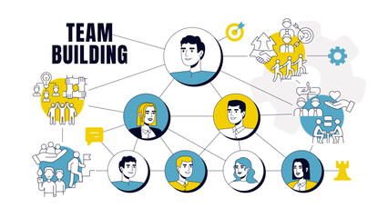 Fototapeta premium Team building concept illustration. Teamwork, collaboration. Communication, brainstorm. Leadership, support. Text banner with flat vector characters, colorful line icons. Visual communication