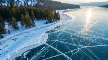 Obraz premium Frozen Lake with Cracked Ice Patterns A captivating top-view drone photo of a frozen lake, where the ice has formed intricate, geometric patterns.