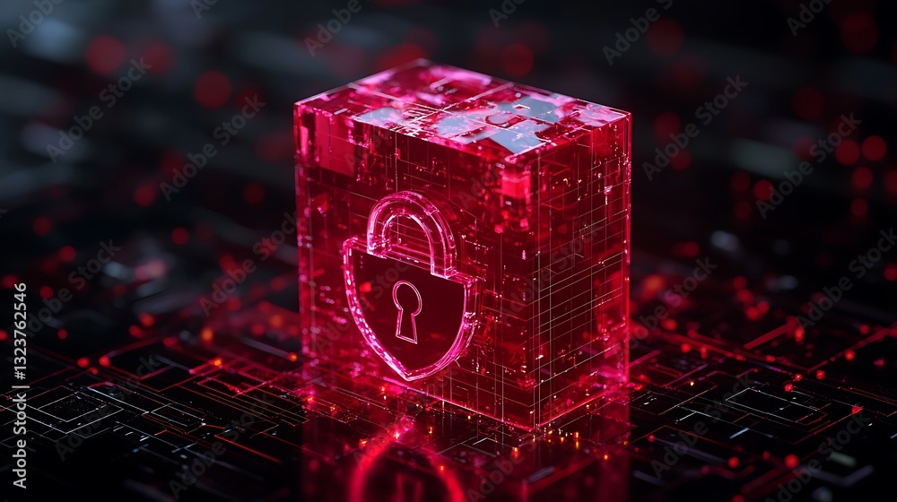 Poster futuristic data security concept with glowing red lock symbol on digital cube background