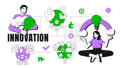Innovation concept illustration. Brainstorm, teamwork. Communication, discussion. Ideas generation. Text banner with flat vector characters, colorful line icons. Visual communication