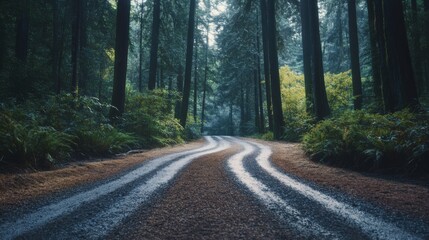 Obraz premium A winding forest road invites exploration amidst towering trees and dappled shadows, embodying mystery and the call of the wilderness.