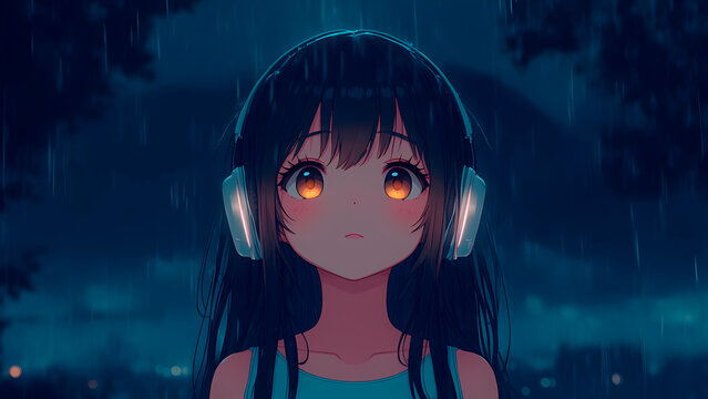 A Lofi Cute girl Night Rain Love Passion Sad, disappointment, broken heart. Background music Anime style. illustration lofi chill hip hop Relaxing music. Seamless Loop 4k Animation video