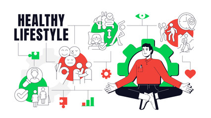 Healthy lifestyle concept illustration. Vegetarian diet, healthcare. Mental wellness. Exercise, sport. Text banner with flat vector character, colorful line icons. Visual communication