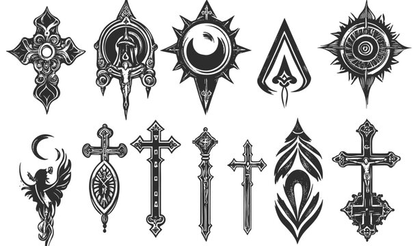 Gothic and mystical cross symbols and designs: flat icons set, vector.