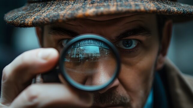 a man looking intensely through a magnifying glass, possibly a detective or investigator. He is wearing a hat and appears focused on the objects in front of him