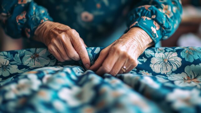 An elderly pair of hands skillfully manipulates vibrant floral fabric, showcasing adeptness and the timeless craft of sewing.