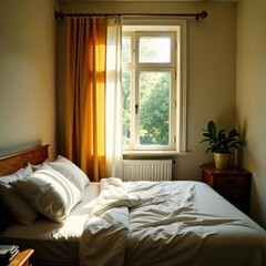 Sun-drenched bedroom, unmade bed, leafy window view, organic, floor