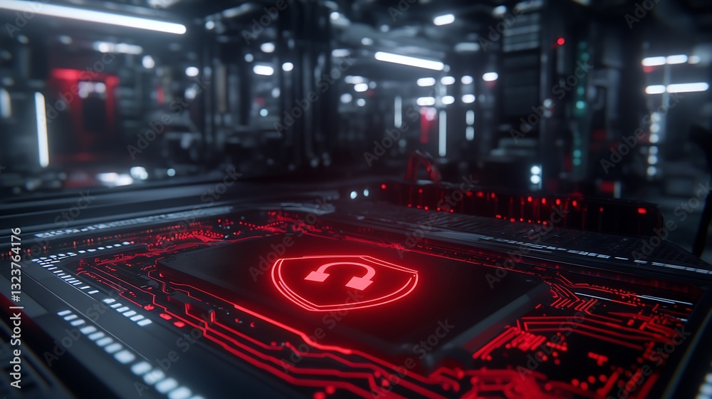 Wall mural futuristic red circuit board with shield symbol in cyber environment