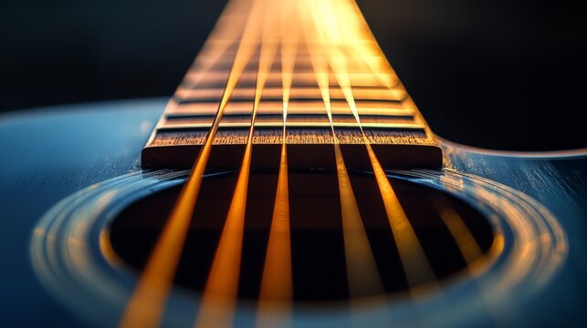 Close-up of a guitar's strings glow in warm sunlight, highlighting musical craftsmanship and detail.