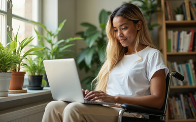 Fototapeta premium young dark-skinned woman in wheelchair working on laptop at home