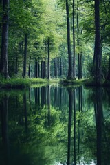 Obraz premium Serene Forest Lake Reflection with Tall Trees and Soft Natural Light in Autumn Morning
