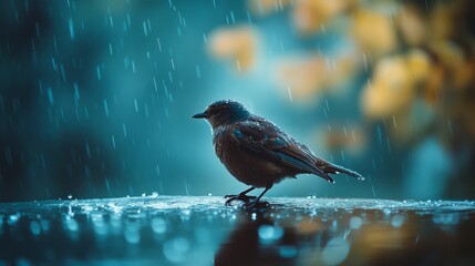 Fototapeta premium A small bird perches in the rain, with droplets glistening on its feathers, surrounded by a lush, blurred background, creating a serene, natural scene.