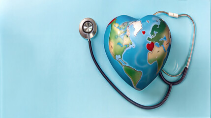 Globe and stethoscope background, world health day background Close-up of heart shape on table against wall