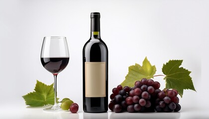 Obraz premium A wine bottle with a simple, elegant label, a wine glass in the background, set against a white backdrop with subtle wine splashes, creating a clean and sophisticated aesthetic. 
