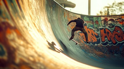 An exuberant skateboarder performs a trick on a graffiti-adorned ramp, vividly capturing urban culture's energy and dynamic motion.