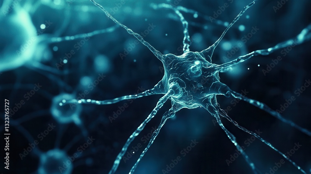 Poster Futuristic neural network cluster design in deep blue and cyan showcasing advanced technology and digital connectivity