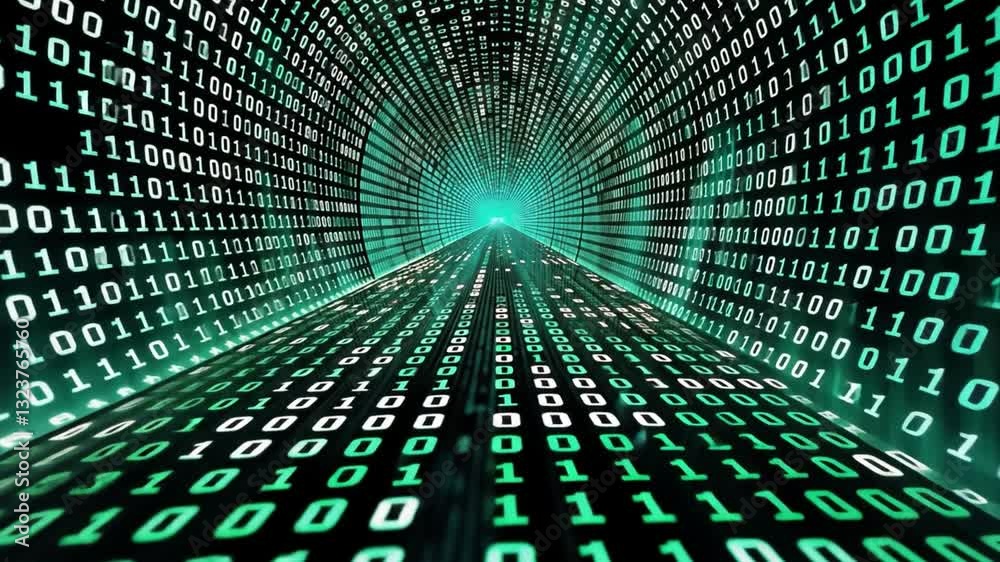 Poster futuristic digital tunnel of binary code glowing green numbers and technology symbolizing data flow 