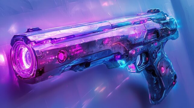 A sleek, futuristic laser gun, adorned with vibrant hues of purple and blue, its intricate design hinting at advanced technology and a future where laser beams are the weapon of choice.