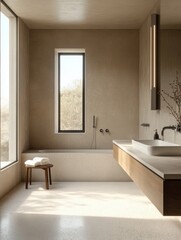 Minimalist Concrete Bathroom with Bathtub Double Sink and Dried Flowers