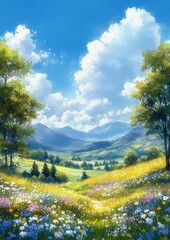 Watercolor Landscape with Wildflowers Trees and Serene Sky