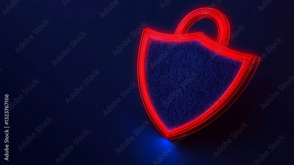 Poster neon illuminated shield shape with padlock design on dark background representing security and prote