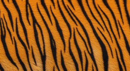 A close-up texture of a tiger fur featuring vibrant orange tones with bold black stripes