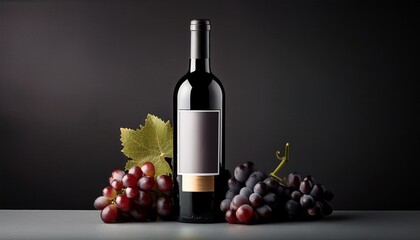 Obraz premium A wine bottle with a minimalist label, accompanied by grapes, set against a dark background that emphasizes luxury and sophistication, creating a refined and elegant aesthetic