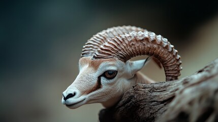 Naklejka premium A goat with impressive curved horns peeks over a log, displaying inquisitive charm against a blurred natural background.