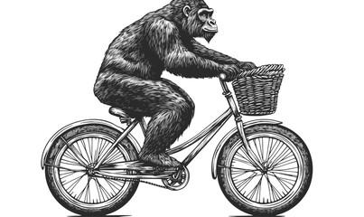 Obraz premium Gorilla riding bicycle with basket, monochrome flat vector, linear icons set.