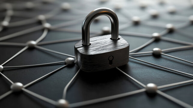Secure padlock resting on a networked surface symbolizing cybersecurity and data protection