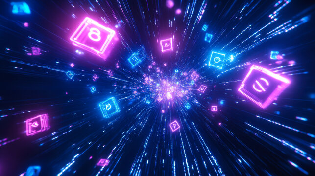 Colorful digital abstract visuals depicting a burst of technology and information at a high speed in a dark background
