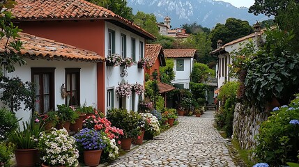 Cobblestone street, floral village, mountain backdrop
