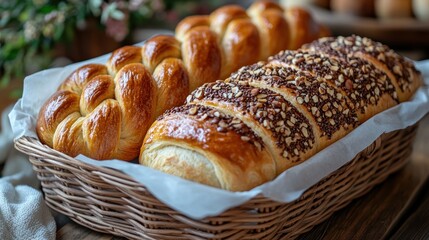 Artisanal pastries pecan danish multigrain croissant braided seeded bread rustic breakfast baked fresh on white parchment wooden table