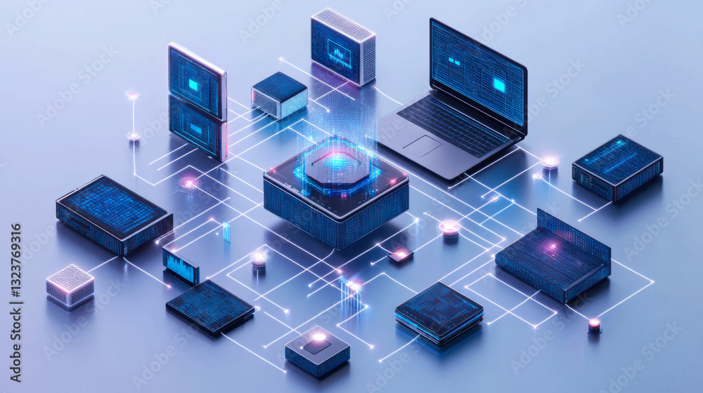 Poster digital network with interconnected microchips in an abstract technology setup illustrating modern c