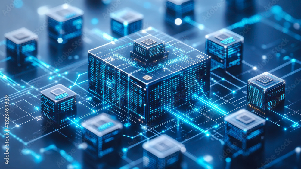 Poster digital network with interconnected microchips in an abstract technology setup illustrating modern c
