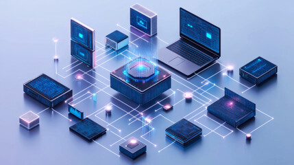 Digital network with interconnected microchips in an abstract technology setup illustrating modern computational design