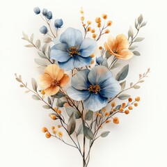 Watercolor Floral Pattern Autumn Dried Flowers Leaves Branches Organic Botanical Design on White Background