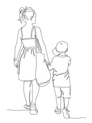 Woman with big bag and boy child walking away. Continuous line drawing. Black and white vector illustration in line art style.