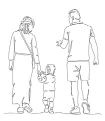 Parents with child talking and walking away. Back view. Continuous line drawing. Black and white vector illustration in line art style.