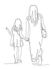 Woman with child girl walking away and hands holding. Continuous line drawing. Black and white vector illustration in line art style.