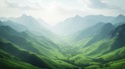 Naklejka premium Majestic green hills stretch towards misty mountains under a gentle sky, capturing nature's vast serenity and breathtaking beauty.