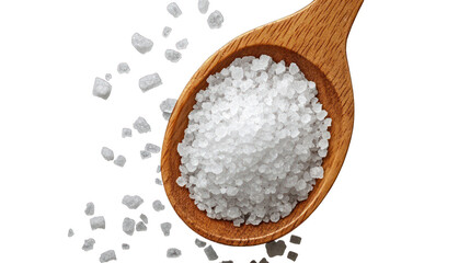 Obraz na płótnie Canvas Sea salt crystals in a wooden spoon, black background, top view --ar 16:9